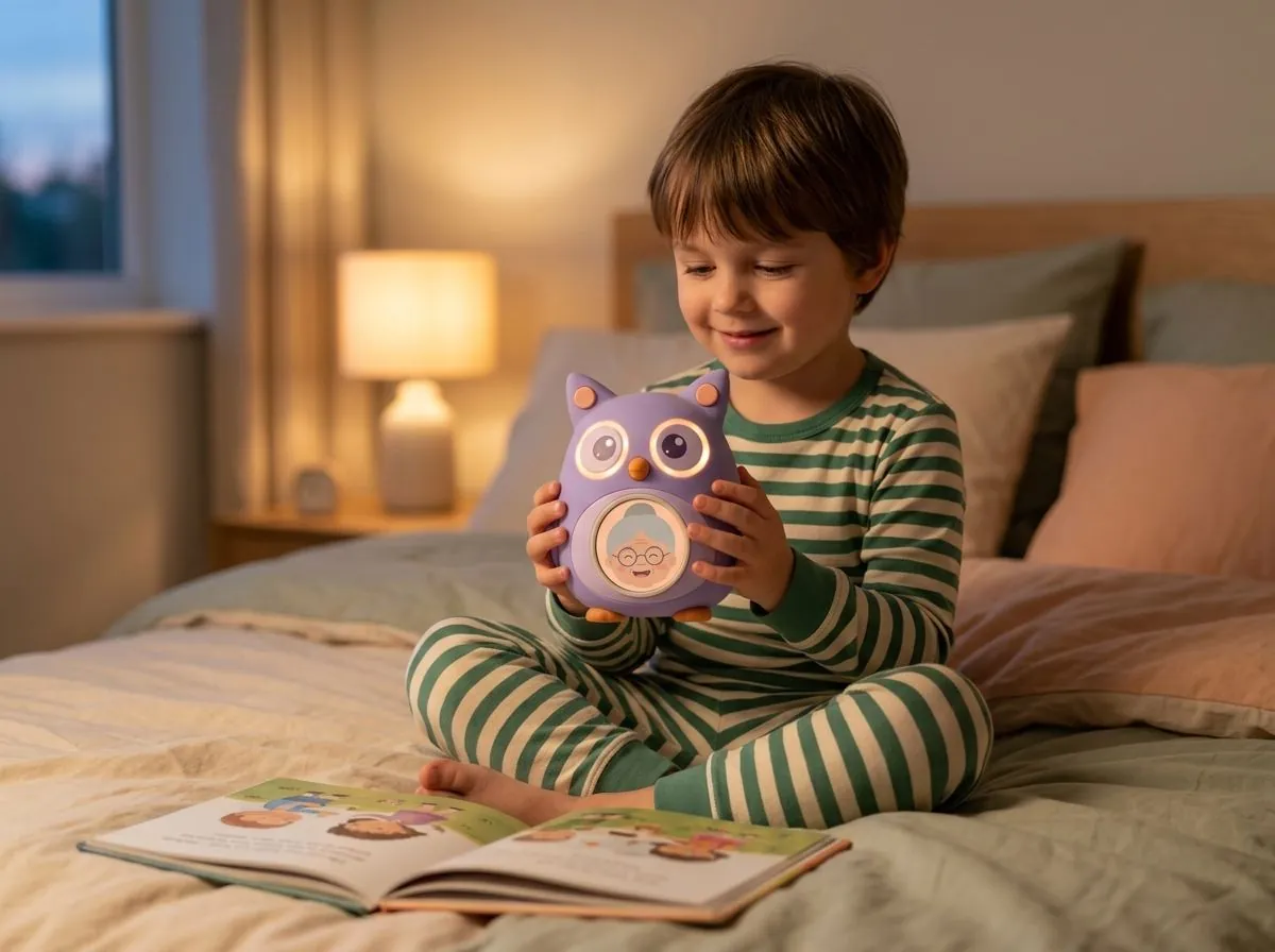 A child in pyjamas sitting on a bed, holding Hugaloo in both hands and smiling at it