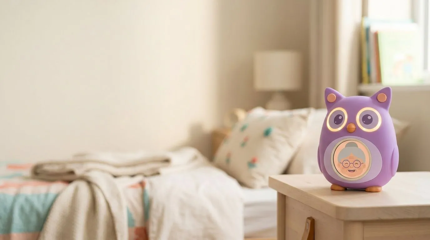 Hugaloo, a soft lilac owl-shaped friend, sitting on a bedside table in a child's room. Its small round window shows Grandma.