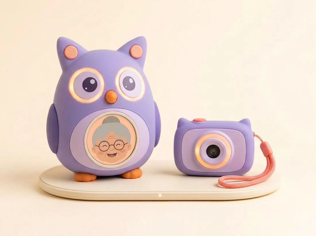 Hugaloo and its small matching kids' camera sitting together on a cream charging pad